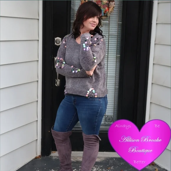 Charcoal Gray Distressed Sequin Sweater | S/M M/L - Picture 3 of 7